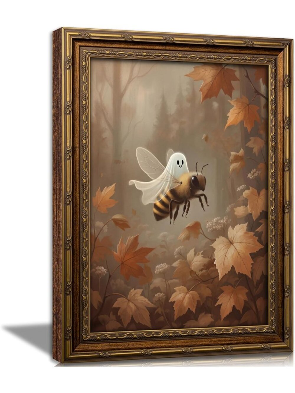 Vintage Gold Framed Ghost Bee Wall Art | Gothic Halloween Canvas Print